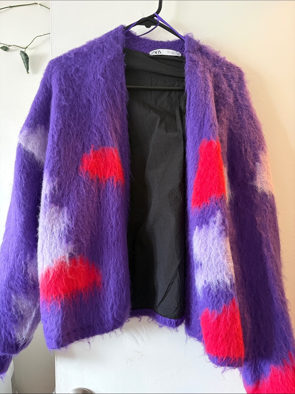 Zara Purple Fuzzy Open Cardigan with Red Highlights
